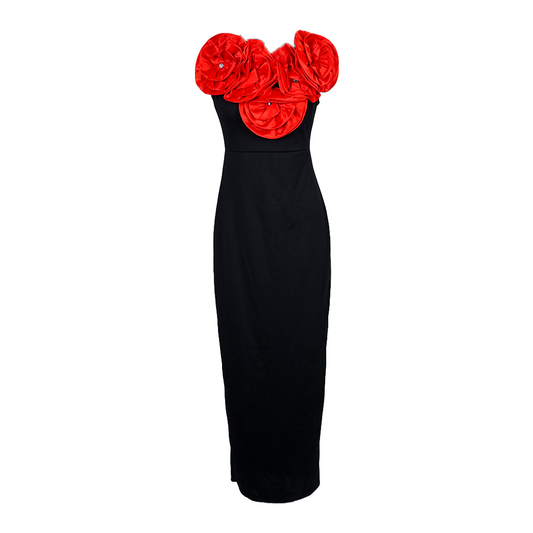 Red Satin Rose Black Party Dress