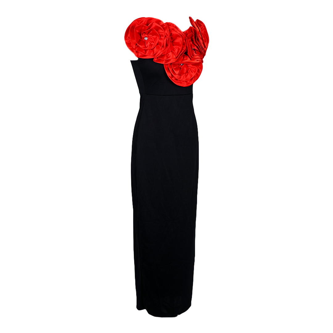 Red Satin Rose Black Party Dress