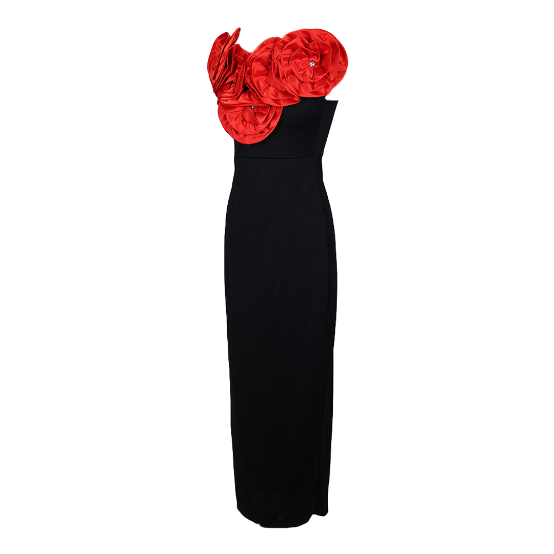 Red Satin Rose Black Party Dress