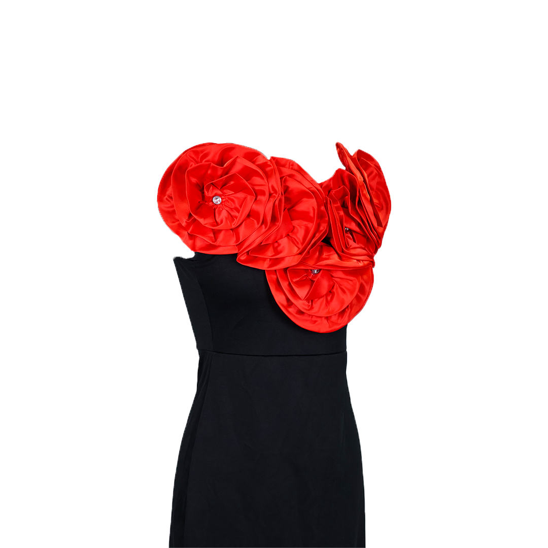 Red Satin Rose Black Party Dress